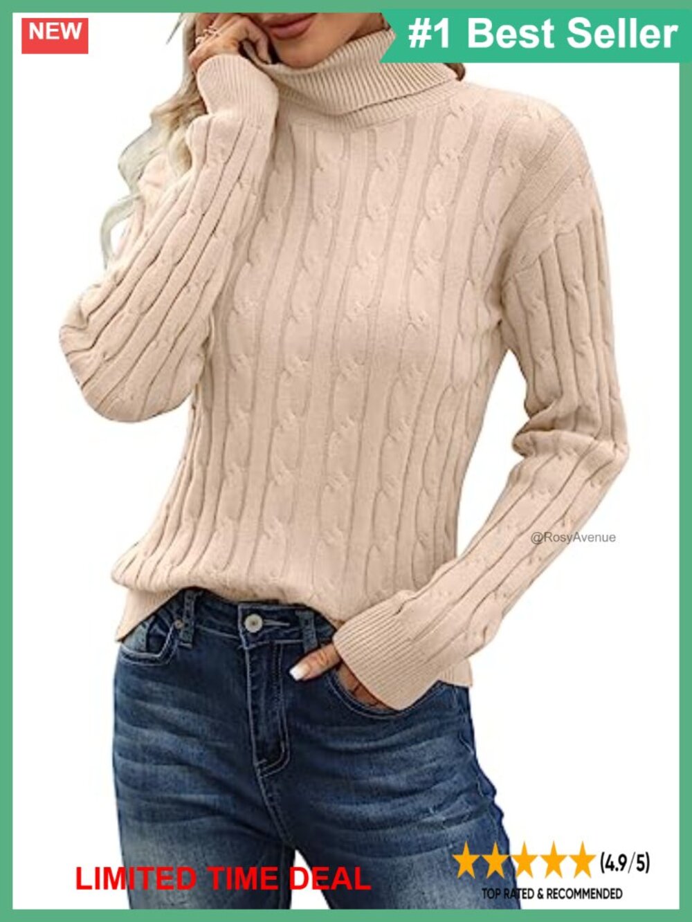 Cable Knit Turtleneck Pullover Sweater Long Sleeve